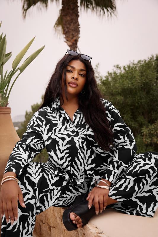 Evans Yours Curve Black Leaf Print Drawstring Wide Leg Trousers