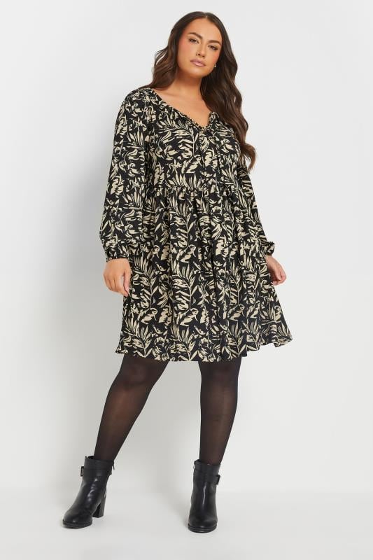 Evans YOURS Curve Black Leaf Print Textured Mini Dress