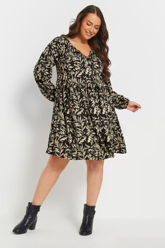 Evans YOURS Curve Black Leaf Print Textured Mini Dress