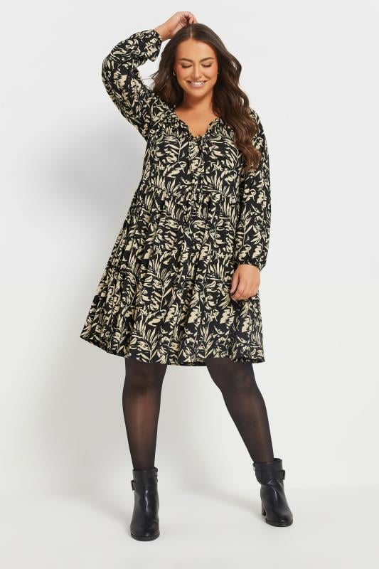 evans YOURS Curve Black Leaf Print Textured Mini Dress