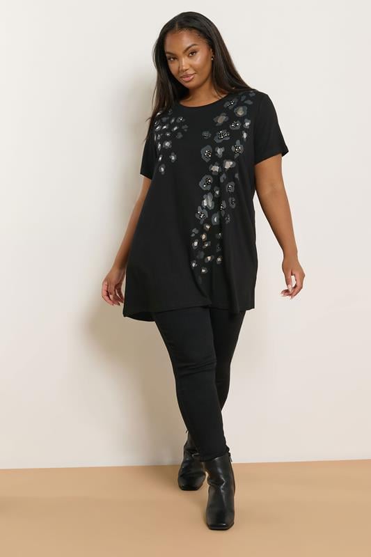 Evans YOURS Curve Black Leopard Embellished T-Shirt