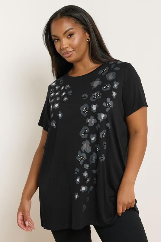 evans YOURS Curve Black Leopard Embellished T-Shirt