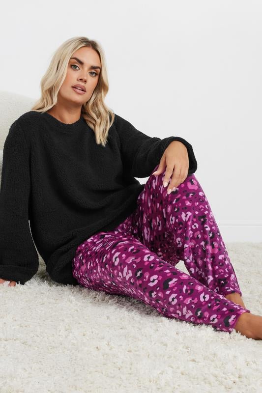 Evans YOURS Curve Black Leopard Print Borg Lounge Set