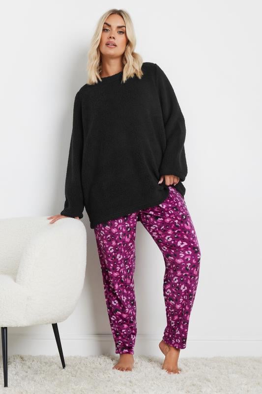 evans YOURS Curve Black Leopard Print Borg Lounge Set