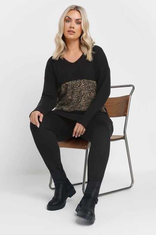Evans YOURS Curve Black Leopard Print Colourblock Jumper