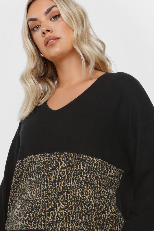 Evans YOURS Curve Black Leopard Print Colourblock Jumper