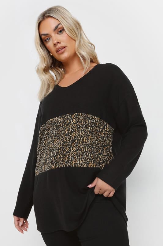 evans YOURS Curve Black Leopard Print Colourblock Jumper