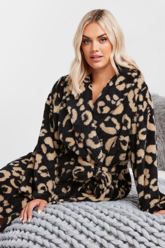 Evans YOURS Curve Black Leopard Print Shawl Collar Dressing Gown