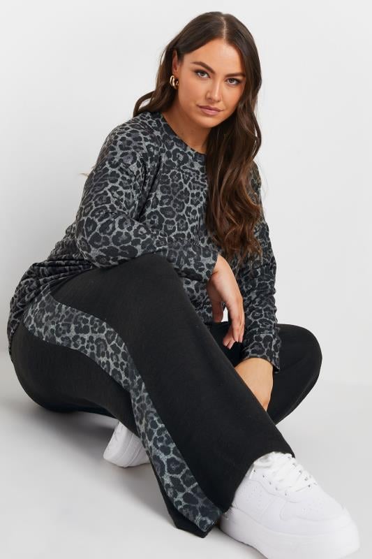 evans YOURS Curve Black Leopard Print Side Stripe Trousers