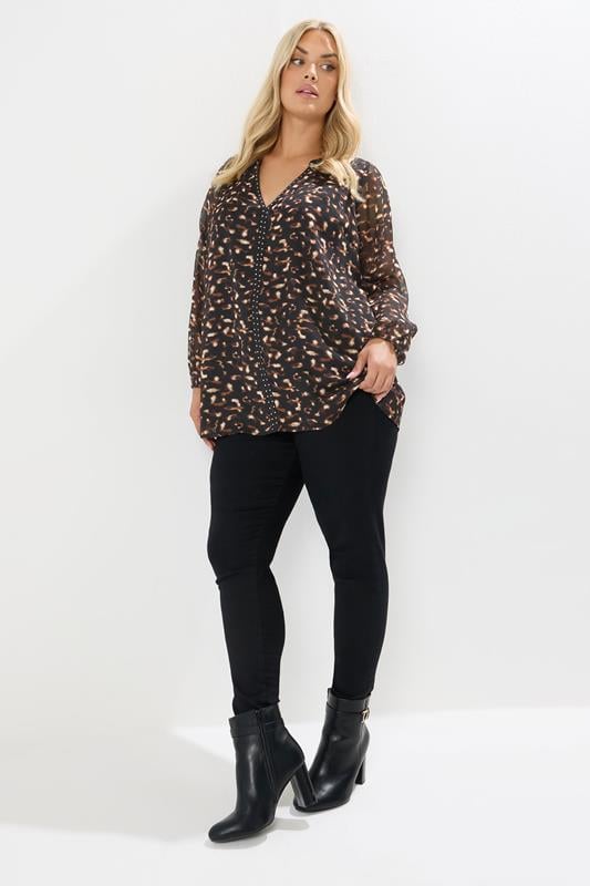 Evans YOURS Curve Black Leopard Print Stud Detail Blouse