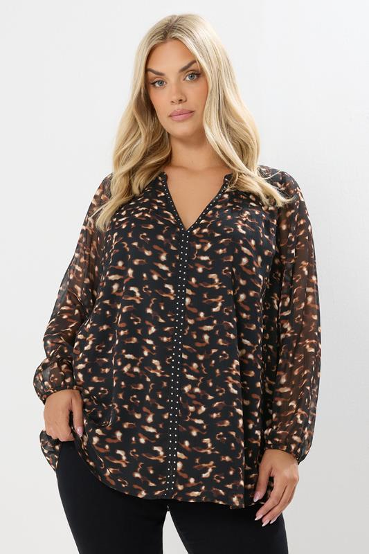 evans YOURS Curve Black Leopard Print Stud Detail Blouse