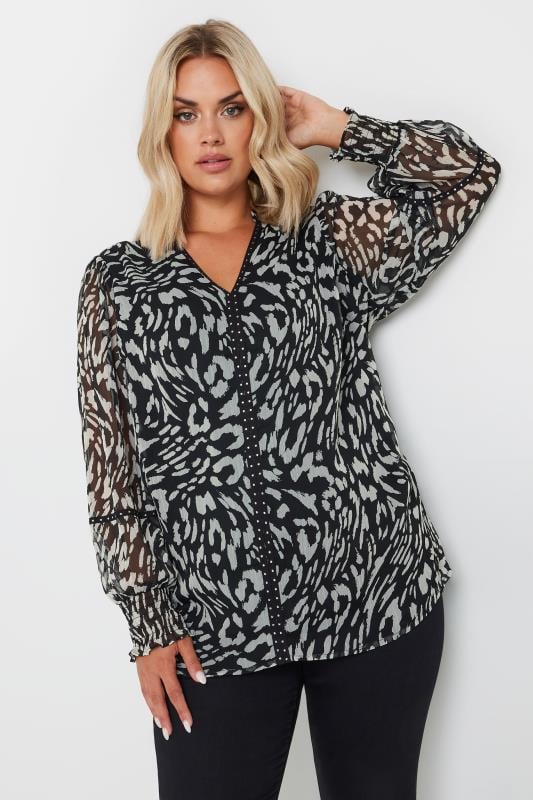 evans YOURS Curve Black Leopard Print Stud Trim Blouse