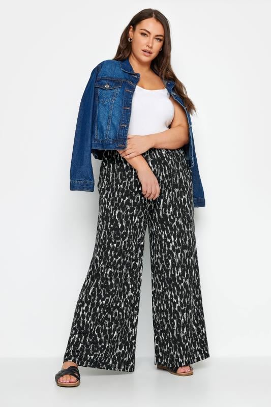 Evans YOURS Curve Black Leopard Print Wide Leg Trousers