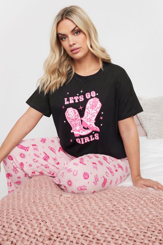 Evans YOURS Curve Black 'Lets Go Girls' Cowboy Boot Wide Leg Pyjama Set