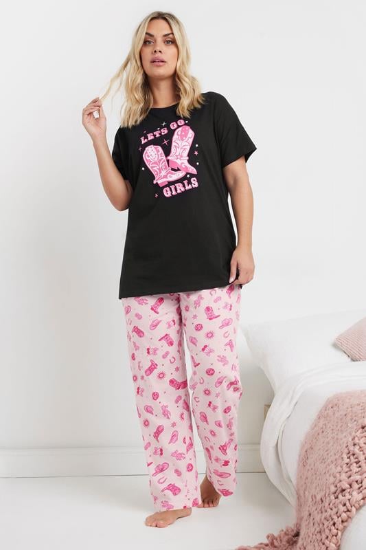 evans YOURS Curve Black 'Lets Go Girls' Cowboy Boot Wide Leg Pyjama Set