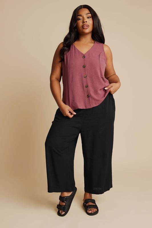 Evans YOURS Curve Black Linen Cropped Wide Leg Trousers