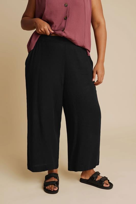 evans YOURS Curve Black Linen Cropped Wide Leg Trousers