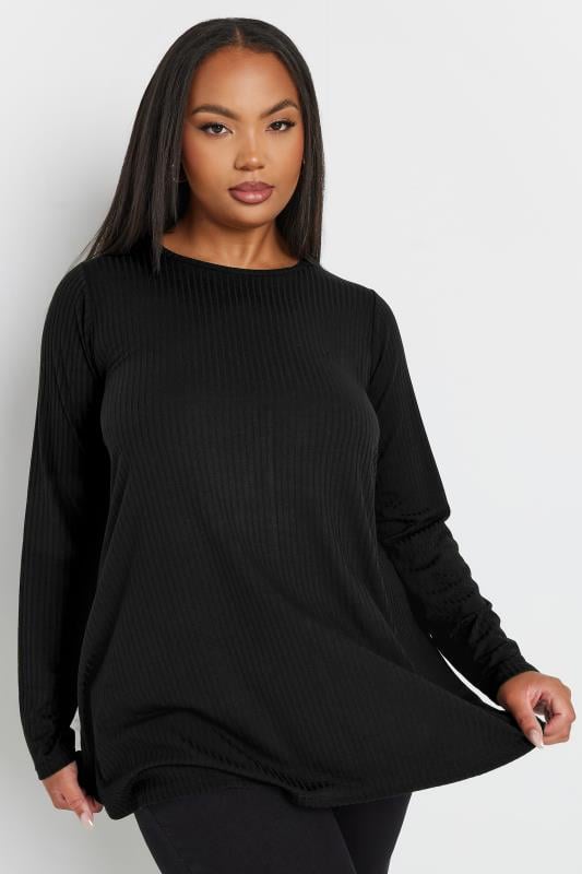 Evans YOURS Curve Black Long Sleeve Ribbed Swing Top