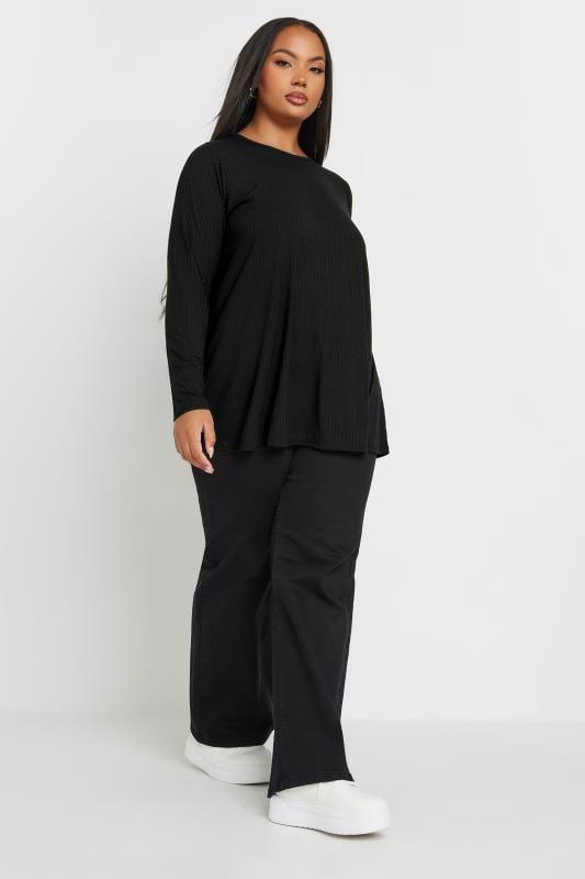 Evans YOURS Curve Black Long Sleeve Ribbed Swing Top