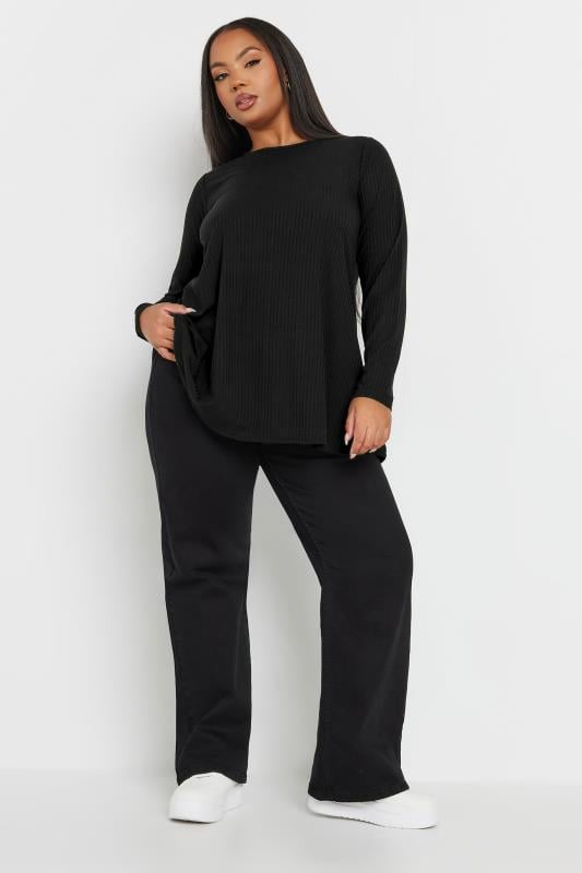 Evans YOURS Curve Black Long Sleeve Ribbed Swing Top