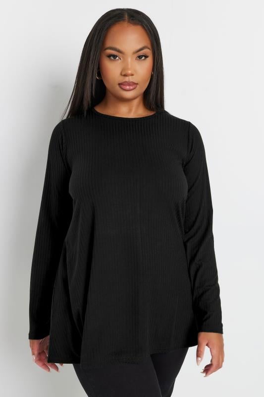 evans YOURS Curve Black Long Sleeve Ribbed Swing Top