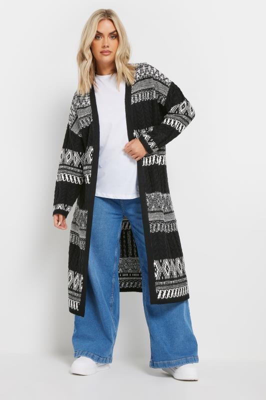 Evans YOURS Curve Black Longline Fairisle Cable Knit Cardigan