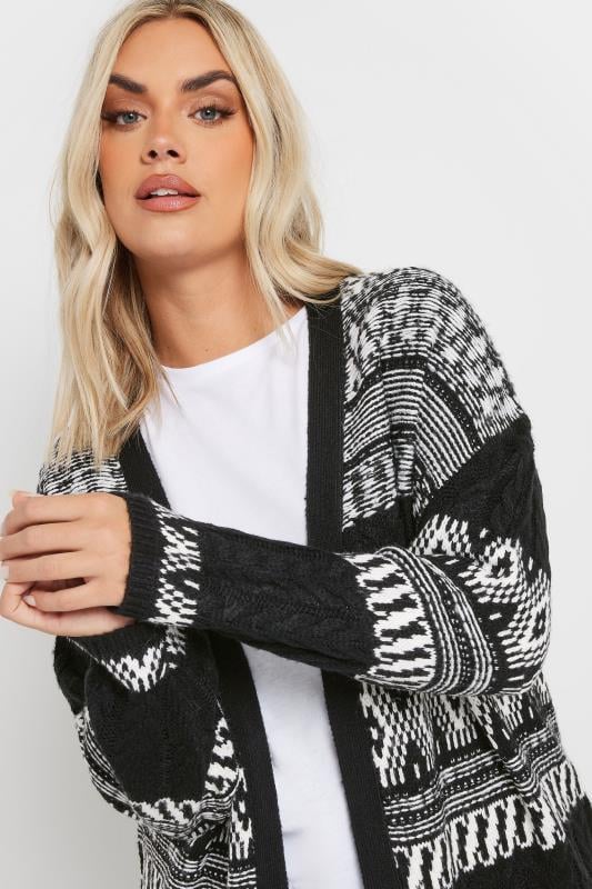 Evans YOURS Curve Black Longline Fairisle Cable Knit Cardigan