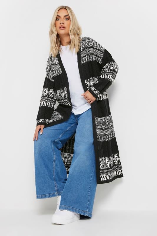 evans YOURS Curve Black Longline Fairisle Cable Knit Cardigan
