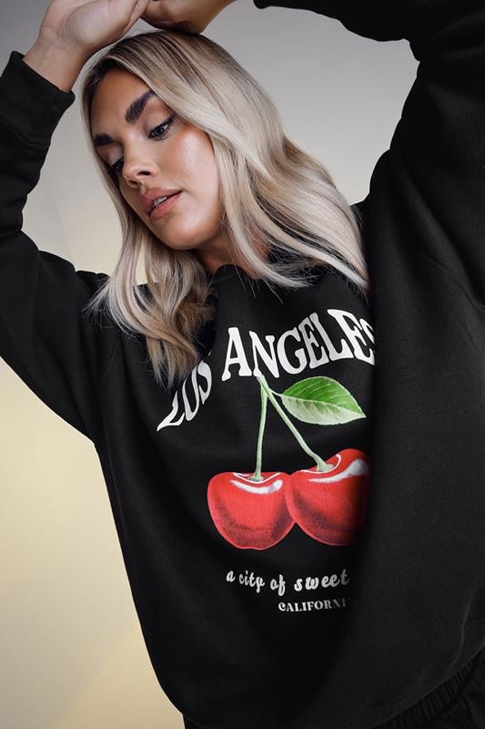 Evans YOURS Curve Black 'Los Angeles' Cherry Sweatshirt
