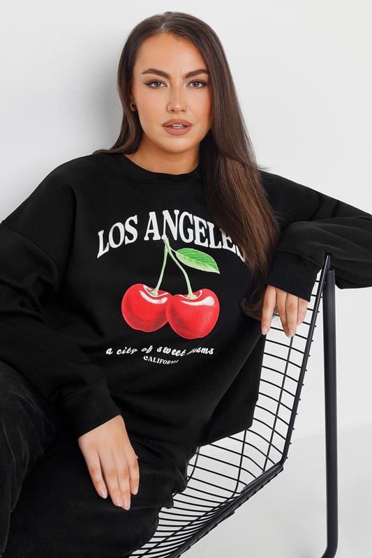 evans YOURS Curve Black 'Los Angeles' Cherry Sweatshirt