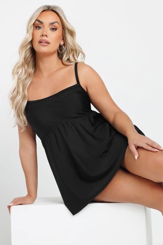 Evans YOURS Curve Black Mesh Panel Tummy Control Swim Dress