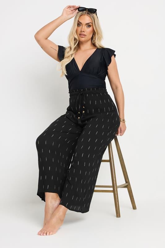 Evans YOURS Curve Black Metallic Dobby Beach Trousers