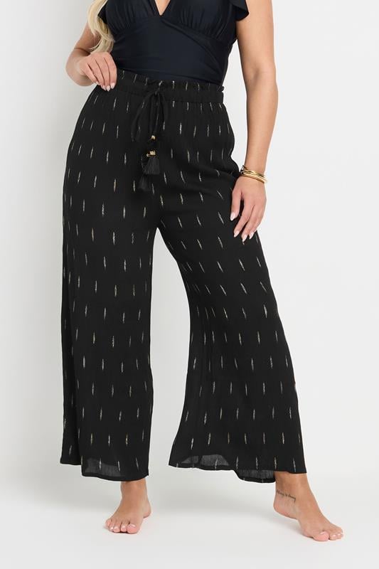 Evans YOURS Curve Black Metallic Dobby Beach Trousers