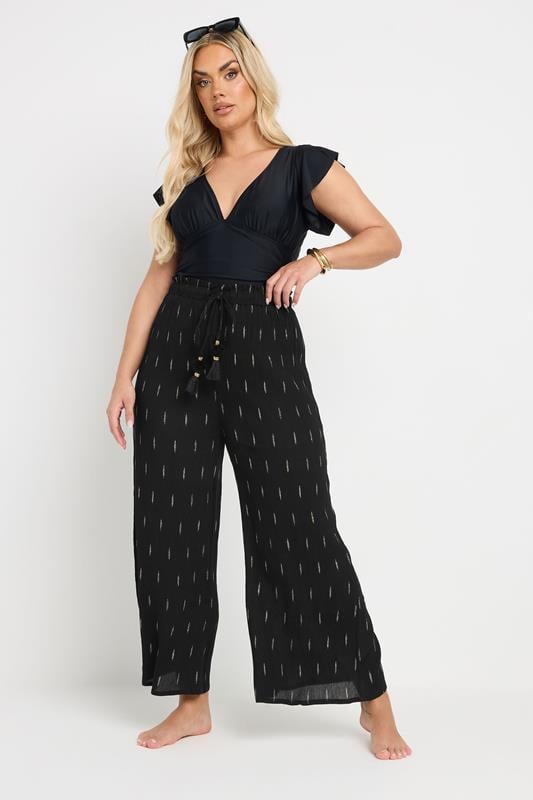 evans YOURS Curve Black Metallic Dobby Beach Trousers