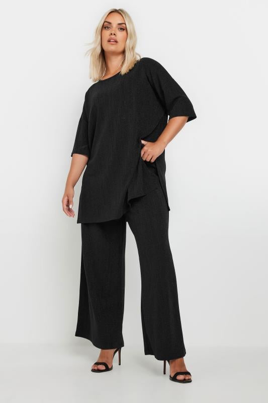 Evans YOURS Curve Black Metallic Stripe Wide Leg Trousers