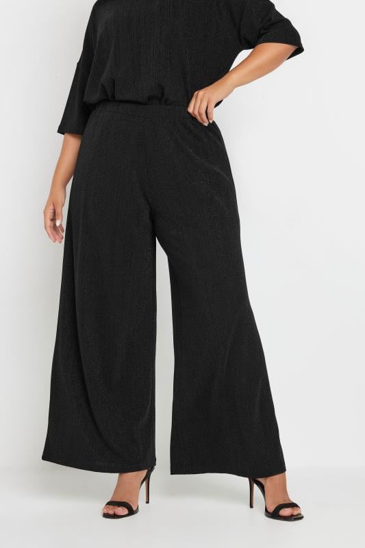 evans YOURS Curve Black Metallic Stripe Wide Leg Trousers