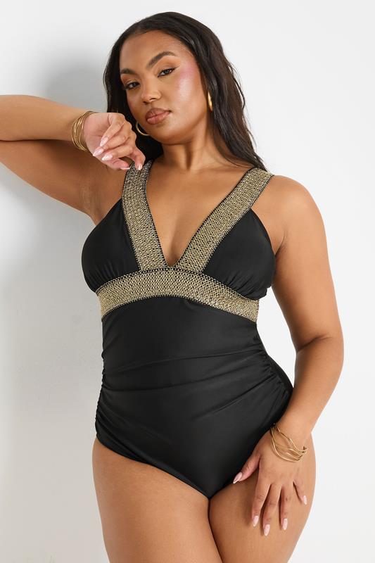 Evans YOURS Curve Black Metallic Tummy Control Swimsuit