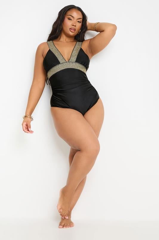 Evans YOURS Curve Black Metallic Tummy Control Swimsuit