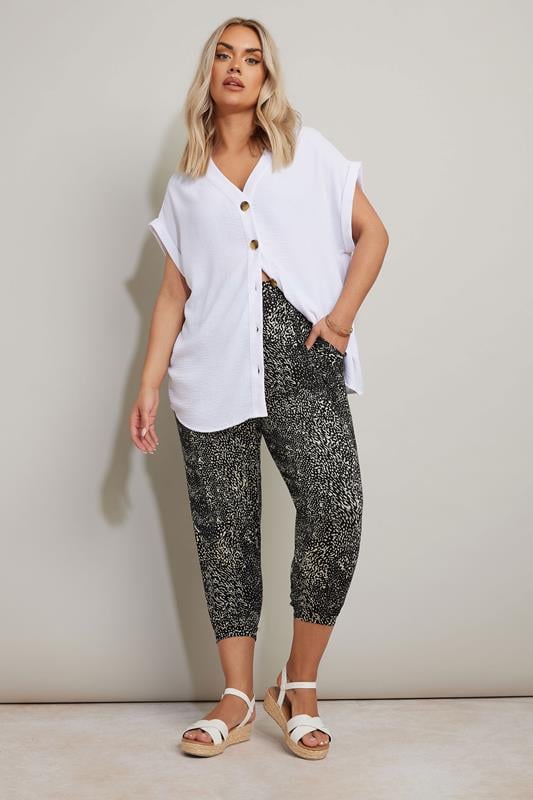 Evans YOURS Curve Black Mixed Animal Print Cropped Harem Joggers