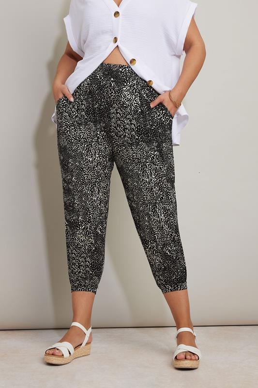 evans YOURS Curve Black Mixed Animal Print Cropped Harem Joggers
