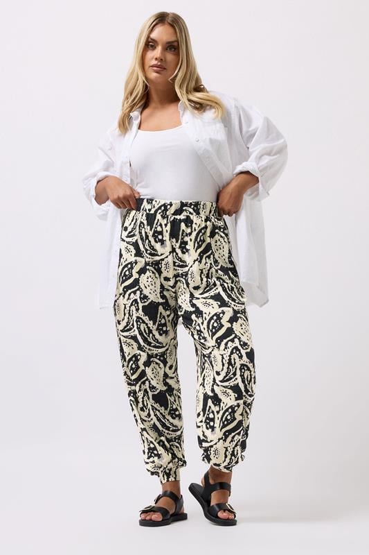 Evans YOURS Curve Black Paisley Cuffed Harem Trousers