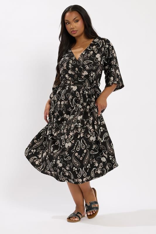Evans YOURS Curve Black Paisley Kimono Sleeve Midaxi Wrap Dress