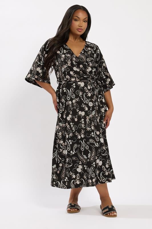 evans YOURS Curve Black Paisley Kimono Sleeve Midaxi Wrap Dress
