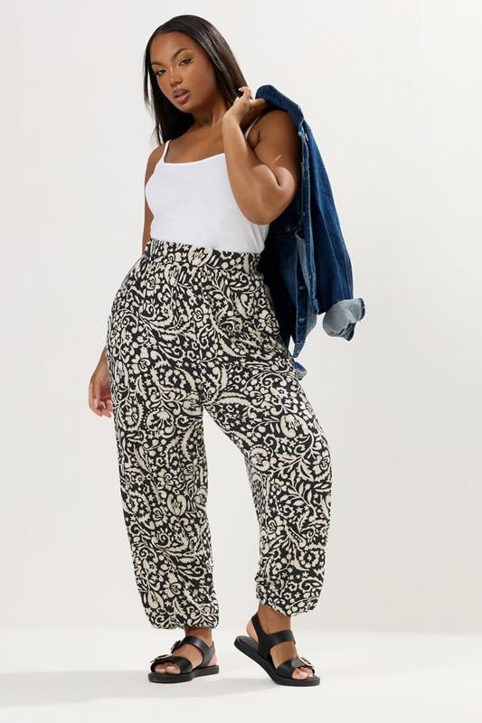 Evans YOURS Curve Black Paisley Print Cuffed Harem Trousers