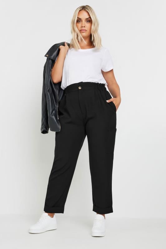 Evans YOURS Curve Black Paperbag Waist Cargo Trousers