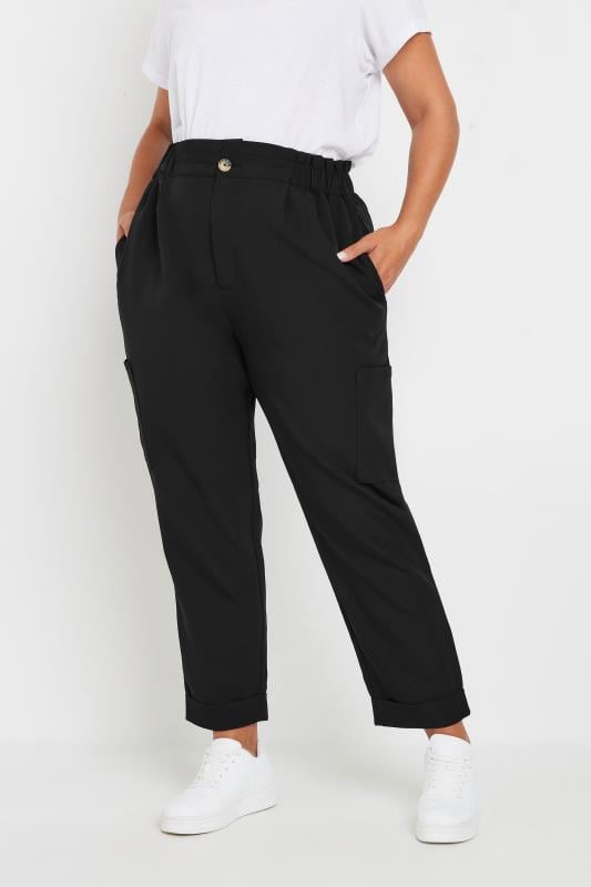 evans YOURS Curve Black Paperbag Waist Cargo Trousers