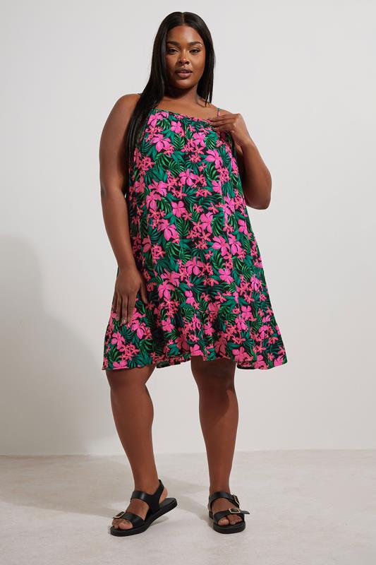 Evans YOURS Curve Black & Pink Floral Print Crinkle Mini Dress