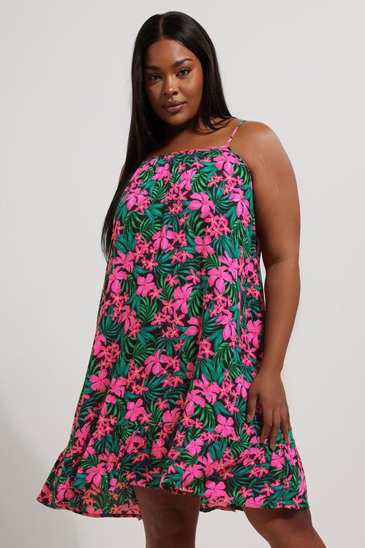 evans YOURS Curve Black & Pink Floral Print Crinkle Mini Dress