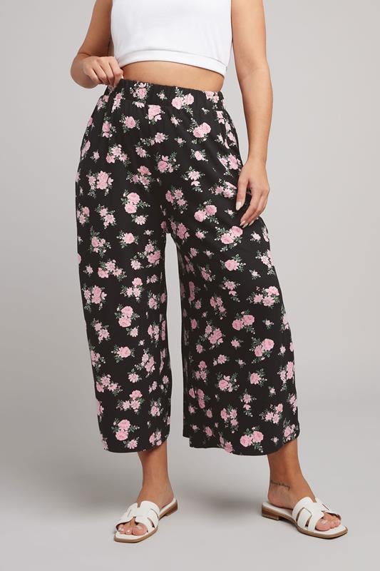 Evans YOURS Curve Black & Pink Floral Print Midaxi Culottes