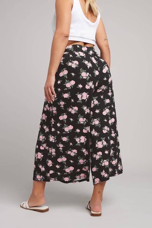 Evans YOURS Curve Black & Pink Floral Print Midaxi Culottes
